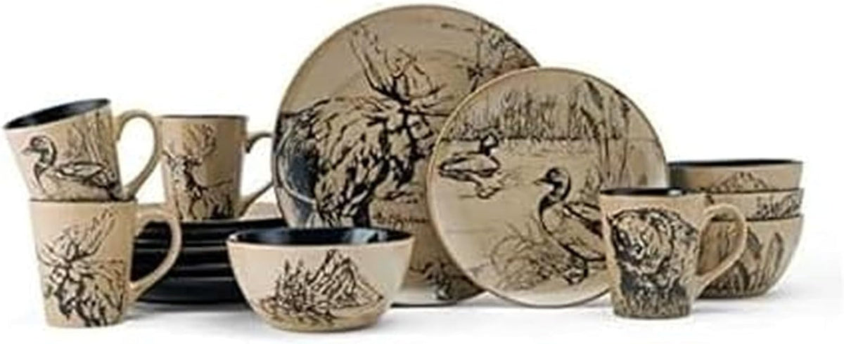 16-piece-stoneware-dinnerware-set-service-for-4-with-dinner-plates-salad-plates-bowls-and-mugs-lodge-style-wildlife-animal-sketch-design-dishwasher-and-microwave-safe