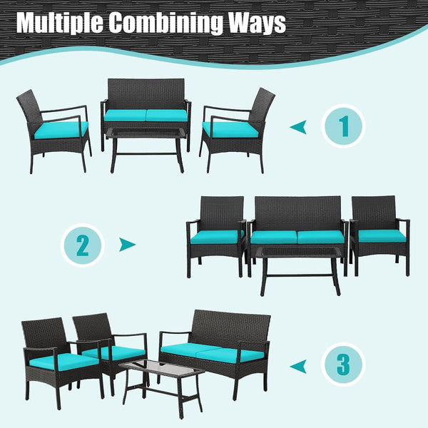 4 Pieces Rattan Conversation Set, Patio Sofa Couch Set with Tempered Glass Coffee Table, Seat Cushions, Outdoor Wicker Loveseat Set for Poolside, Courtyard, Balcony (1, Turquoise)7