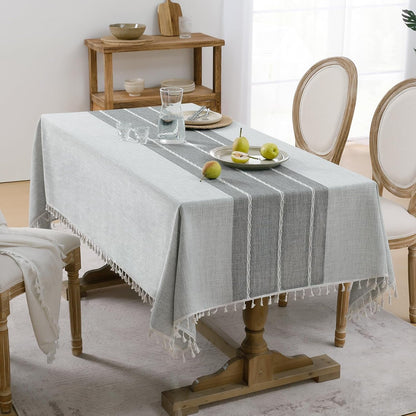 Outdoor Linen Tablecloth Rectangle, Waterproof Cotton Boho Farmhouse Table Cloths with Tassel, Heavy Weight Wrinkle Free Table Cover for Picnic Camping Dining - 55 X 70 Inch, Grey Lines2