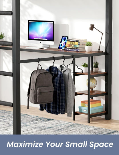 Full Size Loft Bed with Desk, Shelves and Clothes Rack,Black6