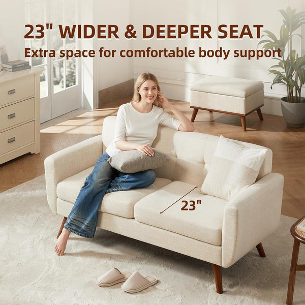 65" W Loveseat Sofa, Mid Century Modern Decor Love Seat Couches for Living Room, Button Tufted Upholstered Small Couch for Bedroom, Solid and Easy to Install Love Seats Furniture, Beige3