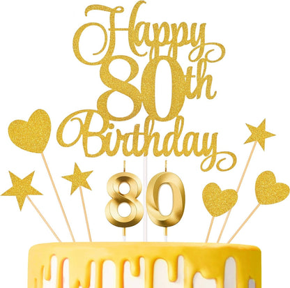 80Th Birthday Cake Decorations, 80Th Birthday Candles Cake Numeral Candles and Glitter Happy 80Th Birthday Cake Toppers Set for Birthday Party Supplies (Gold)1
