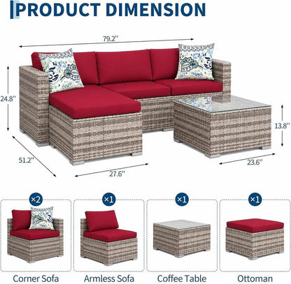 5 Piece Outdoor Patio Furniture Set, All-Weather PE Wicker Sectional Couch Set with Cushions and Ottomans, Outdoor Patio Conversation Set with Glass Table for Backyard, Porch, Balcony4