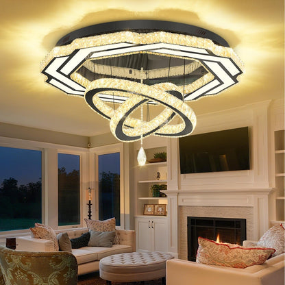Large Chandelier Dia 40" Black 3 Ring Crystal Chandelier Flush Mount Ceiling Light for Living Room Dining Room Hallway Dimmable LED Celing Lighting2