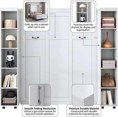 Queen Murphy Bed with 3 Doors Wardrobe Closet, Wood Wall Bed for Guest Room and Home Office, White Folding Lifting Bed W6