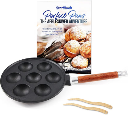 7-Hole Cast Iron Aebleskiver Pan Detachable Wooden Handle, Pre-Seasoned, Aebleskiver Sticks and Recipe Book Included1