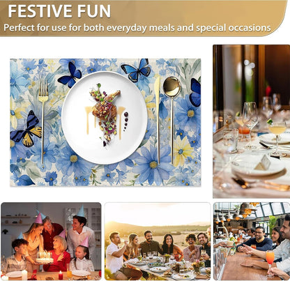 Blue Butterflies Placemats Set of 6,12X18 Inch Table Mats for Flowers Kitchen Table Washable Farmhouse Linen Table Mats Dining Decoration7