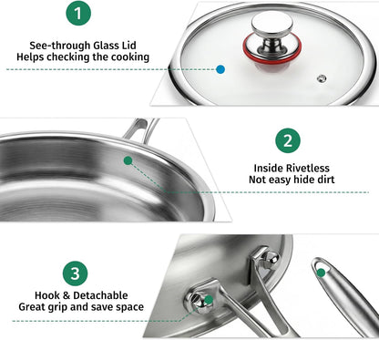 12 Inch Tri-Ply Stainless Steel Frying Pan with Lid, 5Pcs Skillet | PFOA Free, Oven & Dishwasher Safe, Induction Cooking Pan, Fast & Even Heat, Detachable Handle5