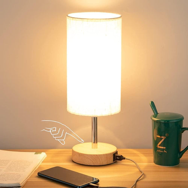 Bedside Table Lamp with USB Ports - Touch Control for Bedroom 3 Way Dimmable Nightstand Lamp with round Fabric Shade for Living Room, Dorm, Home Office, Corded Electric, without Battery1