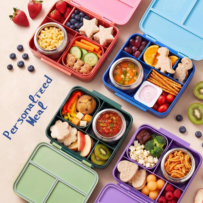 Bento Lunch Box for Kids with 8Oz Soup Thermo Leak-Proof Lunch Food Containers with Snack Sauce Container for Kid Girls Boys to School,Blue Bag2