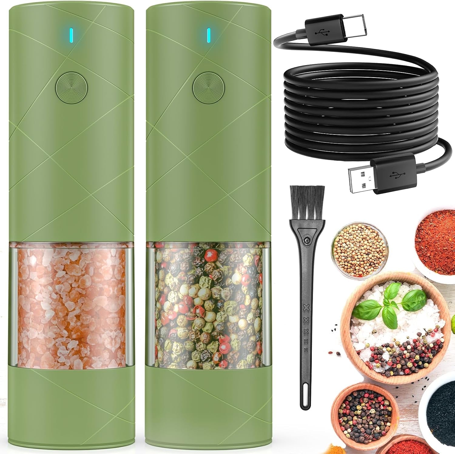 2pack-electric-salt-and-pepper-grinder-set-usb-rechargeable-with-warm-led-light-adjustable-coarseness-large-capacity-automatic-salt-pepper-mill-grinder-for-kitchen-restaurant-outdoor-green