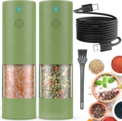 2Pack Electric Salt and Pepper Grinder Set USB Rechargeable with Warm LED Light, Adjustable Coarseness  Large Capacity Automatic Salt Pepper Mill Grinder for Kitchen, Restaurant, Outdoor, Green1
