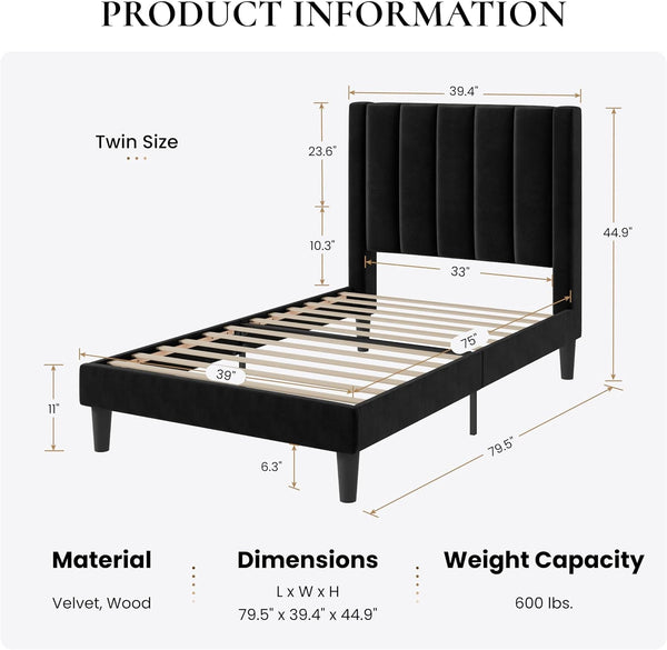 Twin Bed Frame/Velvet Upholstered Platform Bed Frame with Headboard/Strong Wood Slats Support/Mattress Foundation/No Box Spring Needed - Black2