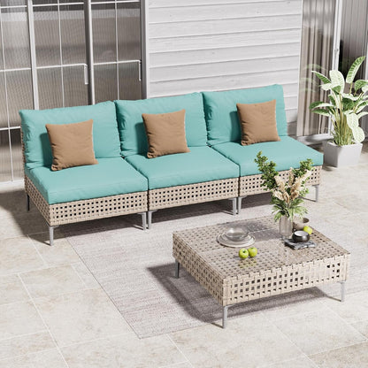 4-Piece Wicker Patio Furniture Set, Boho Outdoor Conversation Set Sectional Sofa with Water Resistant Thick Cushions and Coffee Table, Blue1