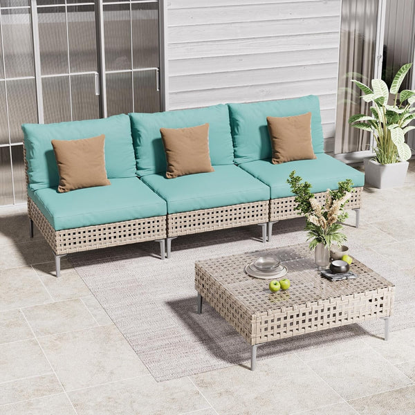4-Piece Wicker Patio Furniture Set, Boho Outdoor Conversation Set Sectional Sofa with Water Resistant Thick Cushions and Coffee Table, Blue1