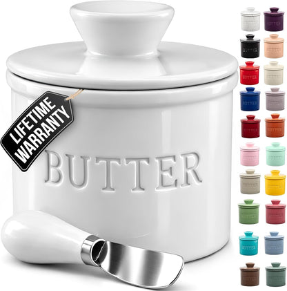 Bell Shaped Butter Crock with Lid for Countertop with Water Line & Spreader Knife, Ceramic French Butter Dish Keeper for Fresh, Soft & Spreadable Butter - White1