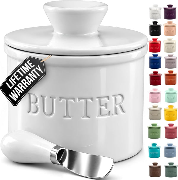 Bell Shaped Butter Crock with Lid for Countertop with Water Line & Spreader Knife, Ceramic French Butter Dish Keeper for Fresh, Soft & Spreadable Butter - White1
