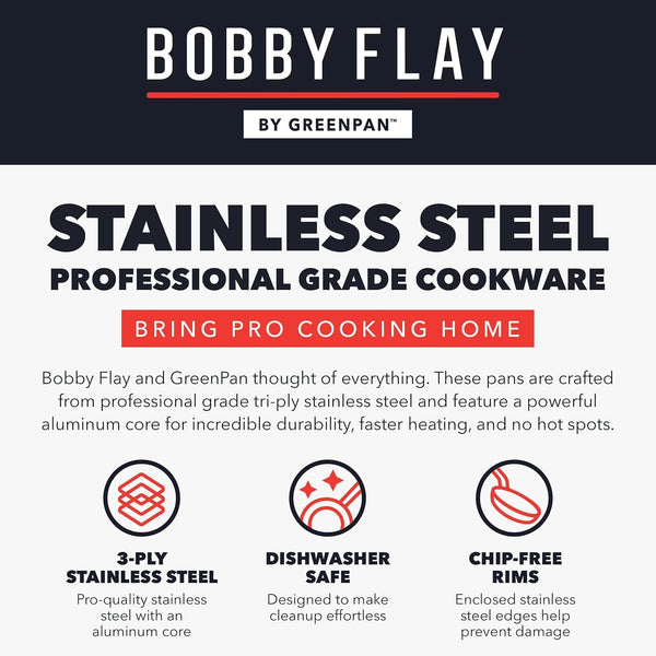 X Bobby Flay Stainless Steel 12 Piece Cookware Pots & Pans Set, Professional Grade Tri-Ply, Multiclad, Pfas-Free Ceramic Nonstick, Induction Suitable, Dishwasher & Oven Safe,Stay Cool Handles11