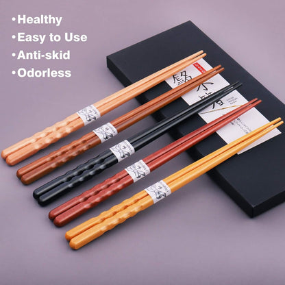 Reusable Chopsticks Japanese Natural Wooden 5 Pairs Classic Style Lightweight Hand-Carved Safe Chop Sticks 8.8 Inch/22.5Cm Gift Set | Japanese Natural Wood; No-Slip Hand-Carved; Lightweight Easy Use; Food Safe;Multicolor 5 Pairs; Perfect Gift Box2