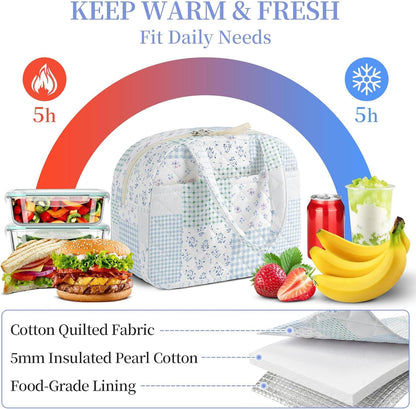 Quilted Lunch Box for Women,Coquette Aesthetic Lunch Box for Teen Girls,Cute Floral Lunch Bags for Work, School,Office,Picnic,Travel (Green Blue Pin)7