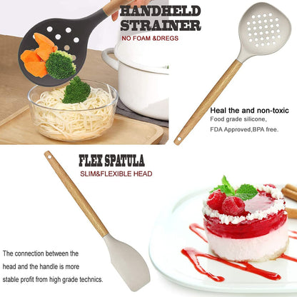 Kitchen Utensils Set- 35 Pcs Cooking Utensils with Grater,Tongs, Spoon Spatula &Turner Made of Heat Resistant Food Grade Silicone and Wooden Handles Kitchen Gadgets Tools Set for Nonstick Cookware6