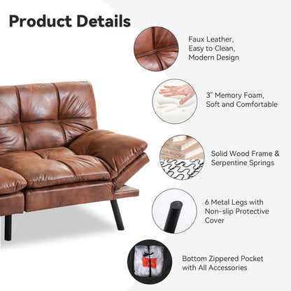 71" Convertible Futon Sofa Bed,Brown Faux Leather Futon Couch6