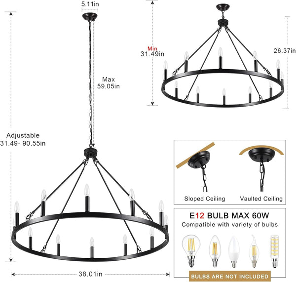 Wagon Wheel Chandelier 12 Light 38" Large Black Farmhouse Chandelier for Dining Room Rustic Country Pendant Light Fixtures Hanging Modern round Chandeliers for Living Room High Ceilings Foyer Entryway6