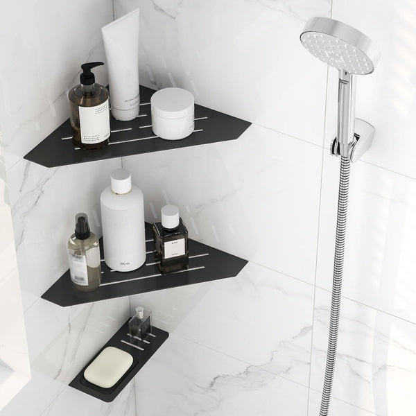 10" Recessed Corner Shower Shelf 2 Packs, Grout Mount Install Ation with Soap Holder, Bathroom Cornor Organizer for Tiled Wall, Requires Sealant, Matte Black7
