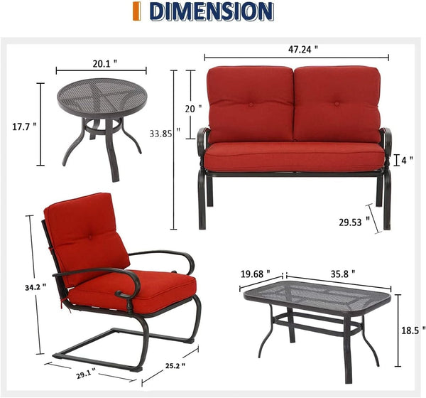 5 Piece Wrought Iron Patio Furniture Set Metal Outdoor Conversation Sets (Loveseat, Coffee Table and Bistro Table, 2 Spring Chair) with Cushion (Red)6