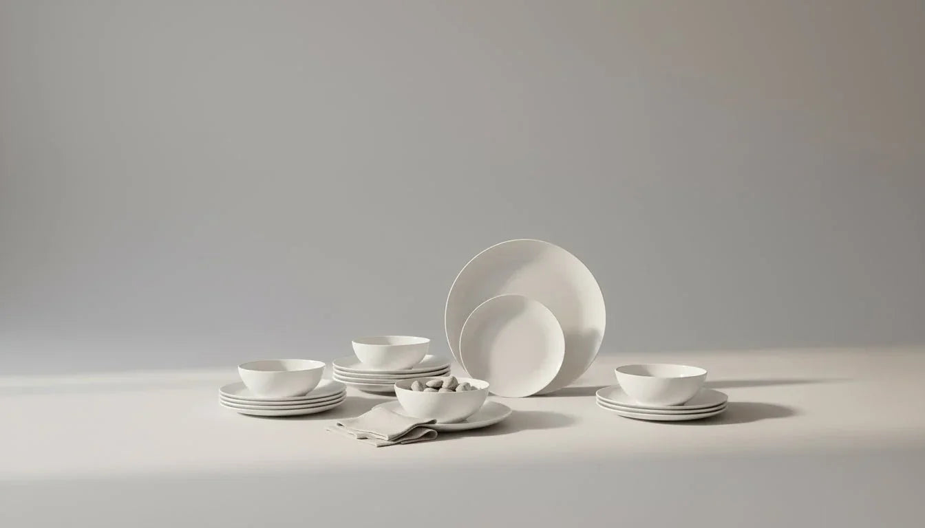18-piece white porcelain dinnerware set with plates and bowls for six on neutral background