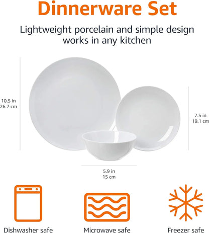 18-piece white porcelain dinnerware set with plates and bowls, microwave and dishwasher safe