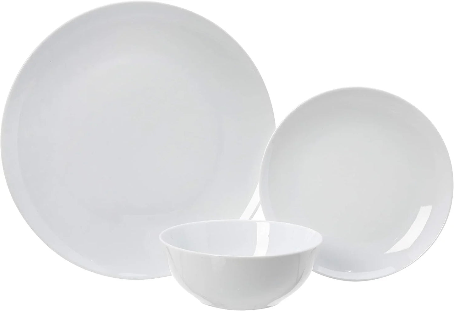 18-piece white porcelain dinnerware set with plates and bowls, microwave and dishwasher safe