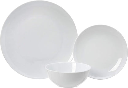18-piece white porcelain dinnerware set with plates and bowls, microwave and dishwasher safe