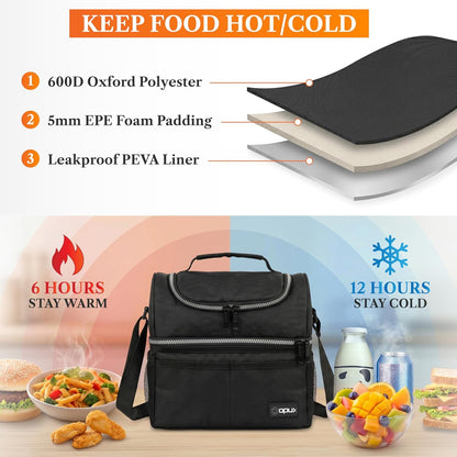 Insulated Lunch Bag for Men Women, Double Decker Leakproof, Black3