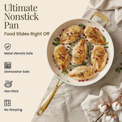 14 Inch Large Nonstick Frying Pan with Lid, Cream | Extra Large Skillet, PFOA/PFOS/PTFE Free Ceramic Coating, Stay-Cool Handle, Oven & Dishwasher Safe4