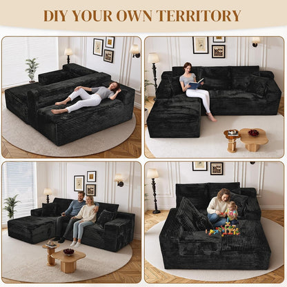108" L Shaped Boneless Sectional Couches for Living Room, Wide Armrest, Deep Seat, Memory Foam, Assembly Free, Modern Comfy Corduroy Fluffy Cloud Sofa with Left Chaise, Black7