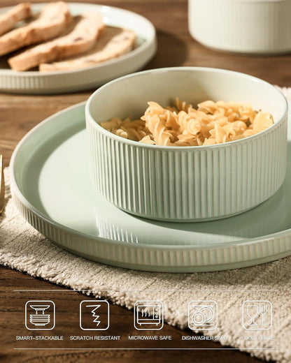 Ceramic Plates and Bowls Set, Dinnerware Sets, Ribbed Dishes for 44