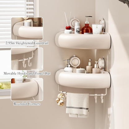 Shower Caddy Suction Cup, 2 Pack No Drilling Corner Shower Shelves, Rust Proof Bathroom Storage Organizer, Shower Corner Caddy with Removable Hooks and Towel Bar, Triangle, Cream4