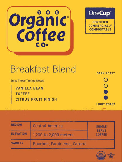 Organic Coffee Co. Onecup Breakfast Blend 36 Ct Medium Light Roast Compostable Coffee Pods, K Cup Compatible Including Keurig 2.03