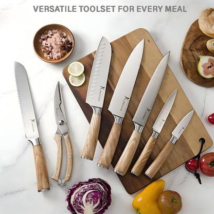 Ultra Sharp 14-Piece Kitchen Knife Set, High Carbon Stainless Steel Blades, Torrefied Natural Wood Handles, Ergonomic Design, Space-Saving White-Finished Wood Block, Easy Hand Wash, Gift Box7