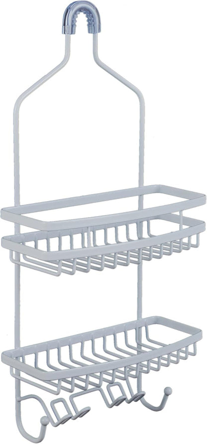 Shower Head Caddy, Suction Cup Backing, 2 Tier Shelving & 6 Accessory Hooks, White (23386-WHITE)1