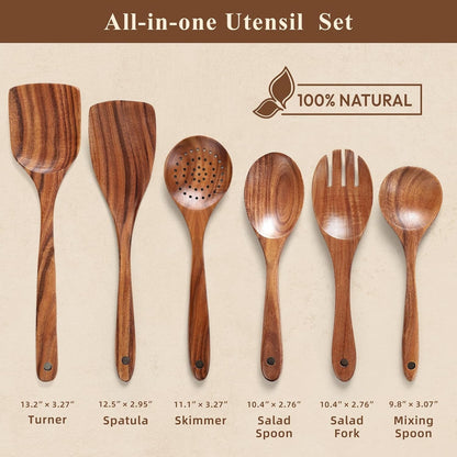 6-Piece Natural Teak Wooden Utensils Set, Wooden Spoons Set for Cooking - Heat Resistant, Natural Healthy Spatula Set with Hanging Holes - Durable, Scratch-Free & Handcrafted2