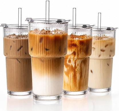 20Oz Iced Coffee Cups with Lids, Ribbed Glass Cups with Lids and Straws | Thick Reusable Glass, Leak-Resistant Lids, Fits Most Car Cup Holders, for Iced Coffee, Tea, Smoothies and Cold Drinks1