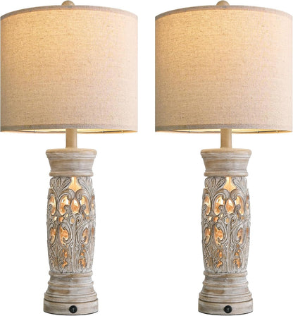 27.25”Farmhouse Table Lamps Set of 2 with Night Light, Rustic Bedside Lamp7