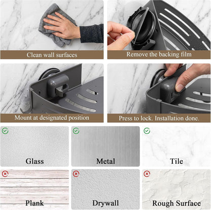 Corner Shower Caddy Suction Cup, 2 Pack Aluminum Shower Shelves No Drilling, Removable Shower Organizer with Towel Bar and Hooks for Smooth Tile, Glass and Marble, Matte Gray6