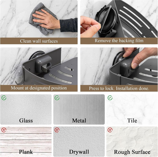Corner Shower Caddy Suction Cup, 2 Pack Aluminum Shower Shelves No Drilling, Removable Shower Organizer with Towel Bar and Hooks for Smooth Tile, Glass and Marble, Matte Gray6