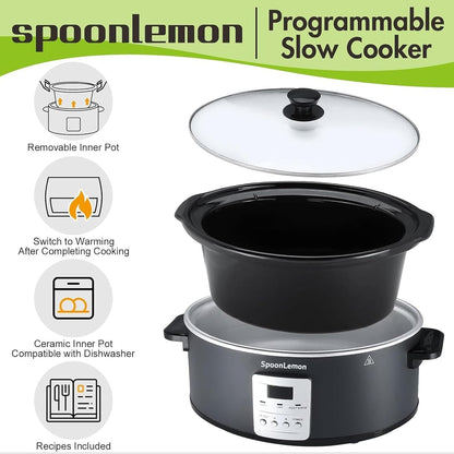 7QT 280W Electric Slow Cooker, Digital 20H Timer & 3-Level Heat Settings, Oval Ceramic Inner Pot, Black, for Family Dinners4