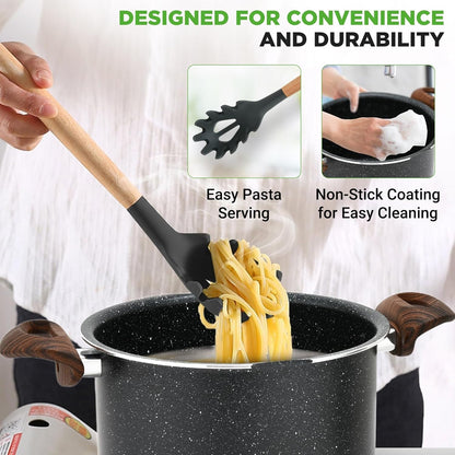 5Qt Pasta Pot with Strainer Lid & Pasta Fork | Non-Stick Cooking Pot | Lockable Lid, Heat Resistant Handles | Even Heat Distribution | Easy Clean | Black Marble3