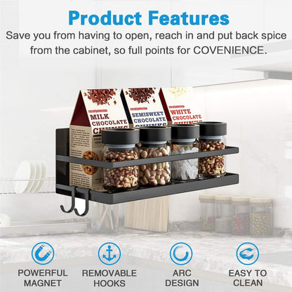 Magnetic Spice Rack, Strong Magnetic Shelf with 2 Removable Hooks, Perfect Space Saver for Small Kitchen/Apartment, Awesome Metal Cabinet for Holding Spices, Jars, Bottle, Beverage(Black)2