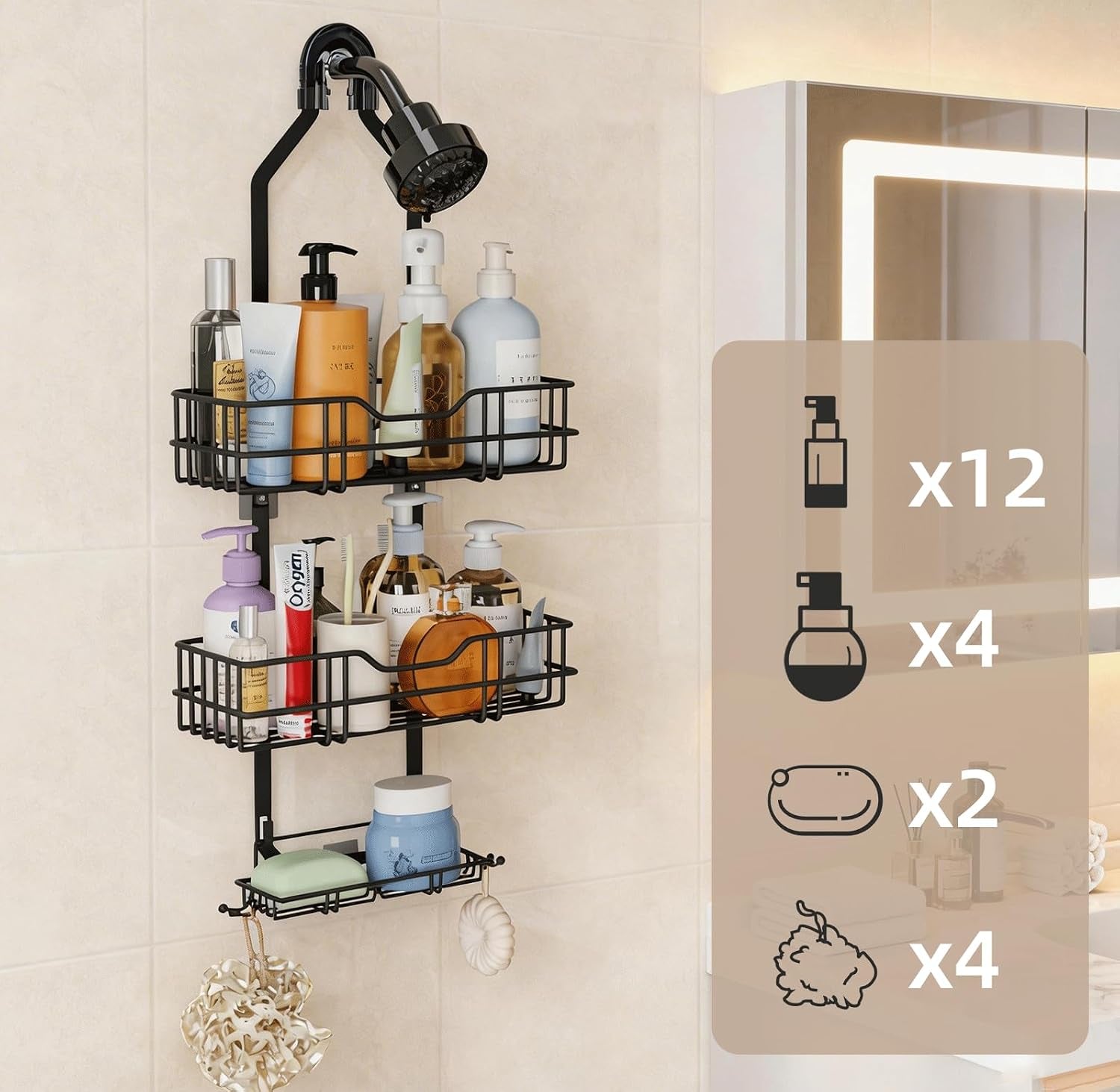 over-the-shower-head-caddy-3-tier-hanging-shower-shelves-rustproof-shower-storage-organizer-with-hooks-and-soap-holder-no-drilling-bathroom-shower-rack-black